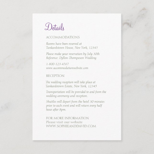 Secret Garden Purple Lovebirds Wedding Details Enclosure Card (Front)