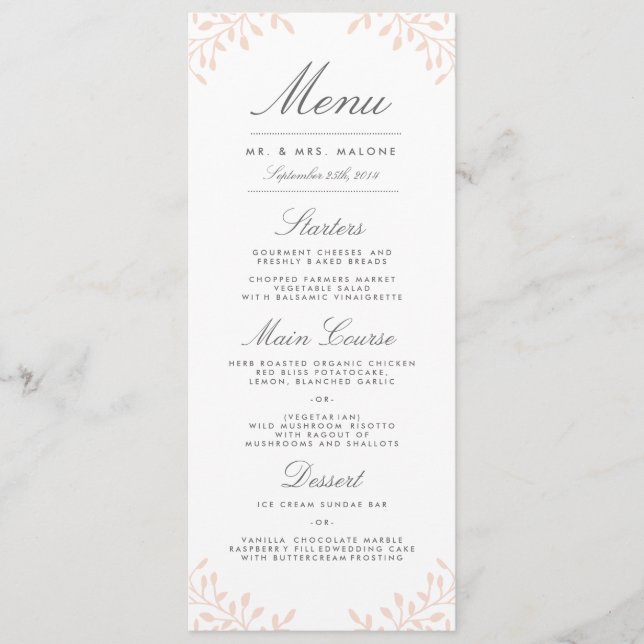 Secret Garden Wedding Dinner Menu - Blush (Front)