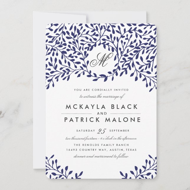 Secret Garden Wedding Invite - Navy (Front)