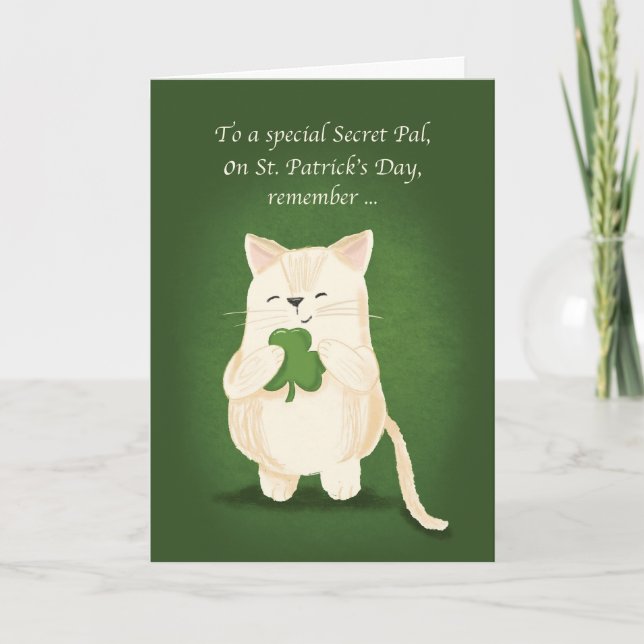 Secret Pal St. Patricks Day Cute Kitten Shamrock Card (Front)