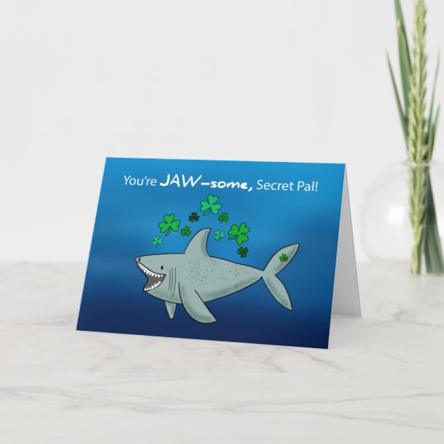Secret Pal St Patricks Day Shark With Shamrocks Card (Front)