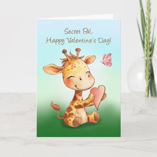 Secret Pal Valentine Cute Happy Giraffe with Heart Card (Front)