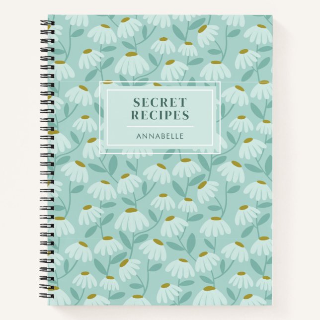 'Secret Recipes' Monogram Teal Floral Pattern Notebook (Front)