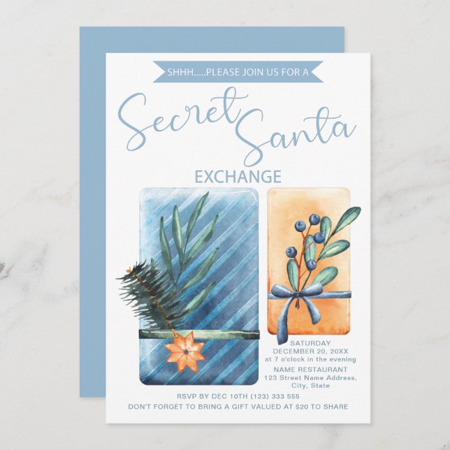 Secret Santa Christmas Party Watercolor Invitation (Front/Back)