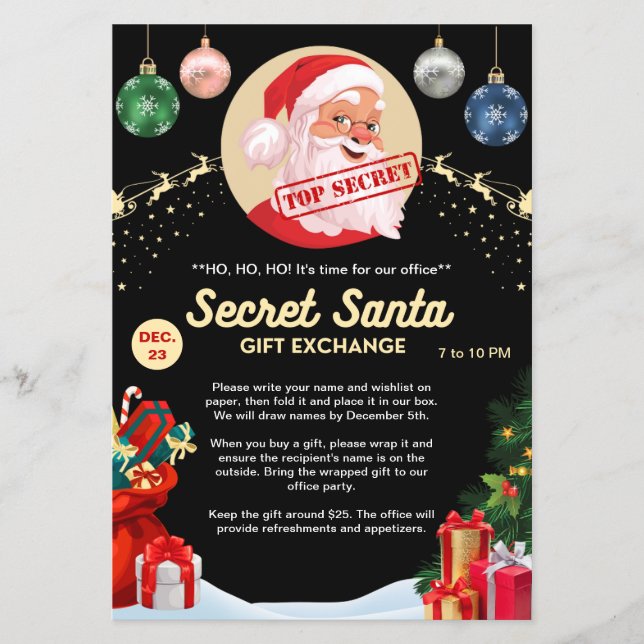Secret Santa Gift Exchange Black Xmas Event Party Flyer (Front)