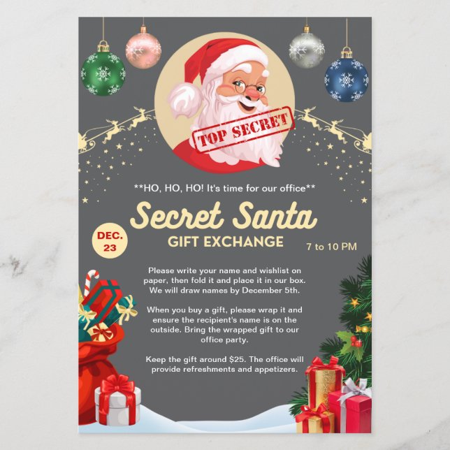 Secret Santa Gift Exchange Grey Xmas Event Party Flyer (Front)