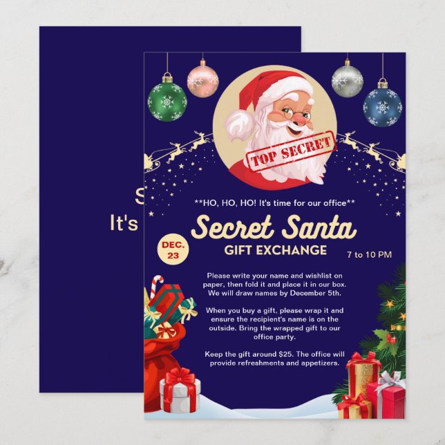 Secret Santa Gift Exchange Office Home Blue Party Invitation (Front/Back)