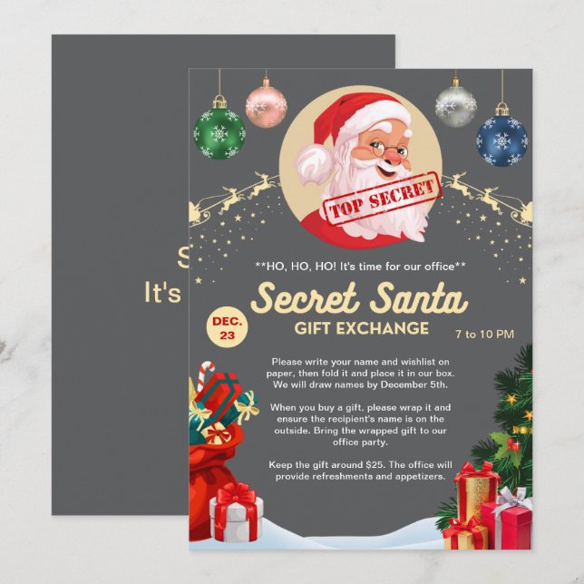 Secret Santa Gift Exchange Office Home Grey Party Invitation (Front/Back)