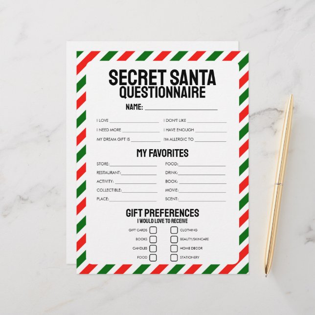 Secret Santa Gift Questionnaire (Front/Back In Situ)