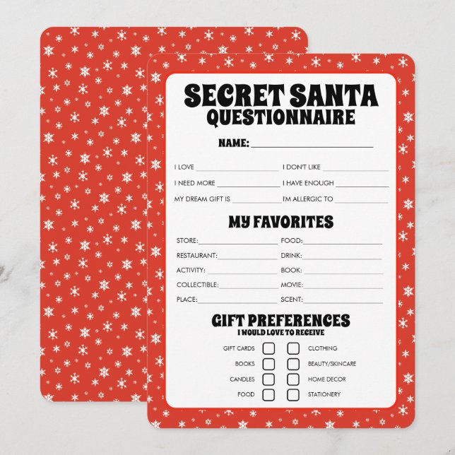 Secret Santa Gift Questionnaire Holiday Card (Front/Back)