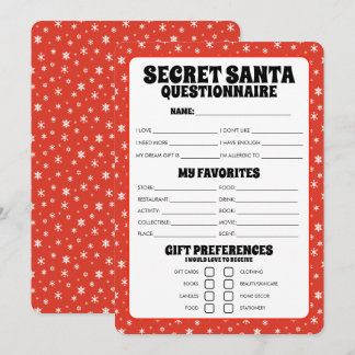 Secret Santa Gift Questionnaire Holiday Card