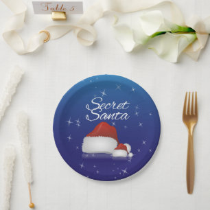 Secret Santa Hat Blue Background Christmas Party Paper Plate