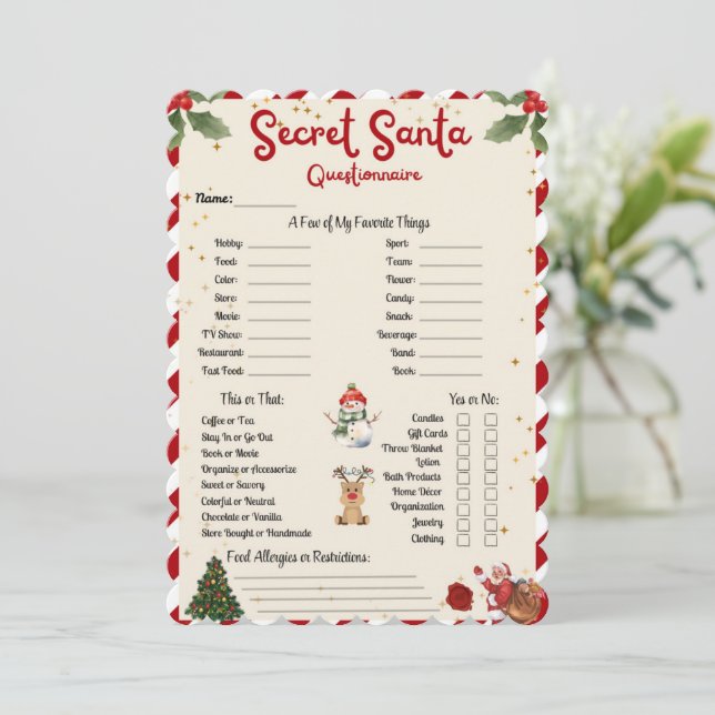 Secret Santa Questionnaire Holiday Gift Christmas  Invitation (Standing Front)