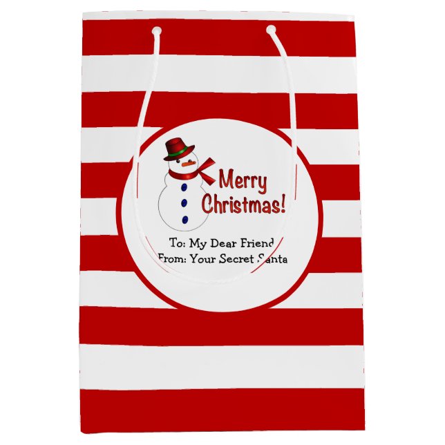 Secret Santa Red Stripes Merry Christmas Snowman Medium Gift Bag (Front)