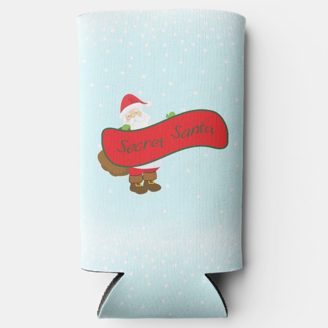 Secret Santa with Santa Figure Custom Rear Text Seltzer Can Cooler (Front)