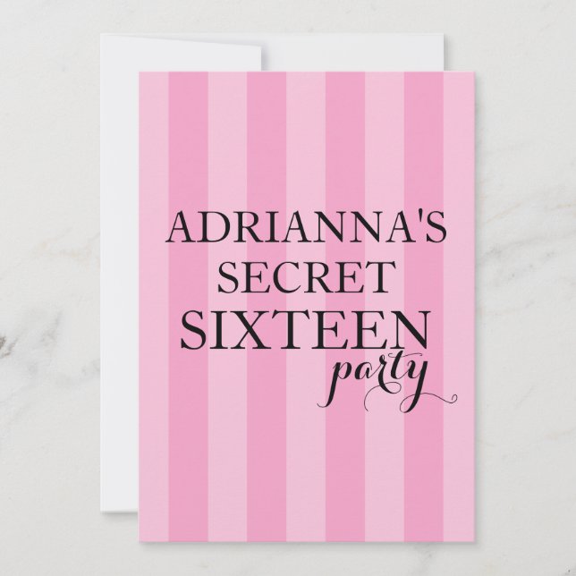 Secret Surprise Sweet Sixteen Party Pink Stripes Invitation (Front)