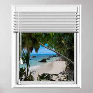 Secret Tropical Beach View Fake Window With Blinds Poster