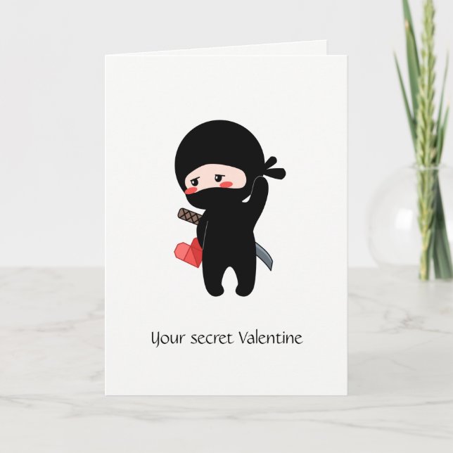 Secret Valentine Ninja Holding Origami Paper Heart Holiday Card (Front)