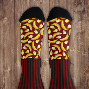 Secretly Wild stripes with bananas, on red Socks