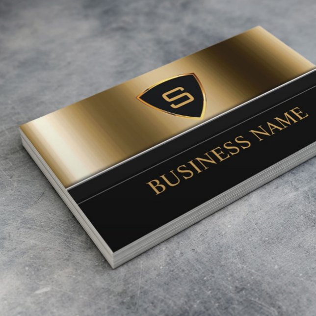 Security Bodyguard Gold Shield Monogram Modern Business Card (Creator Uploaded)