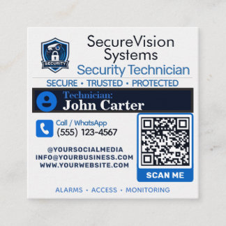 Security Technician & Alarm Service QR custom Square Business Card