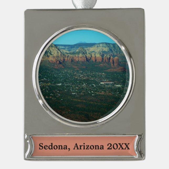 Sedona and Coffee Pot Rock from Above Silver Plated Banner Ornament (Front)
