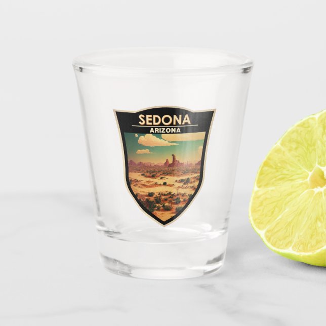Sedona Arizona Retro Travel Art Badge Shot Glass (Front)