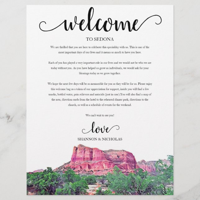 Sedona Arizona Wedding Weekend Welcome Itinerary (Front)