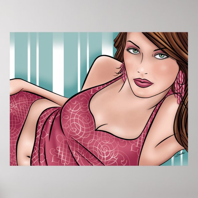 Seductress Woman on Aqua Stripe Poster (Front)