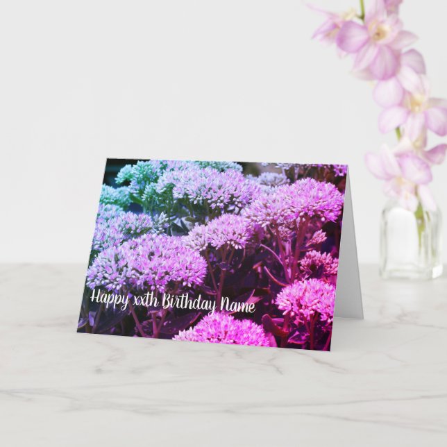Sedum Rainbow Flower Personalised Birthday  Card (Orchid)