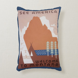 See America Welcome to Montana, Vintage Travel Decorative Cushion