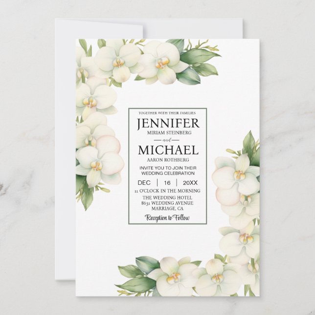 SEE BACK All-In-One White Orchids Wedding Invitation (Front)