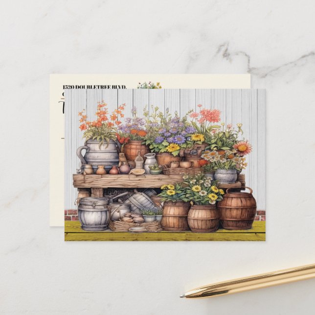 See Back - Floral Rustic Gardening Postcard (Front/Back In Situ)