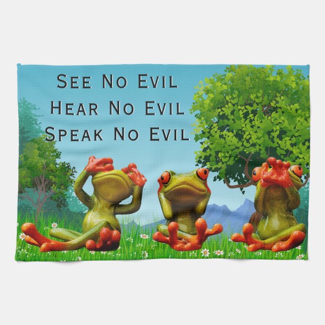 See Hear Speak No Evil Frog Humourous Tea Towel (Horizontal)