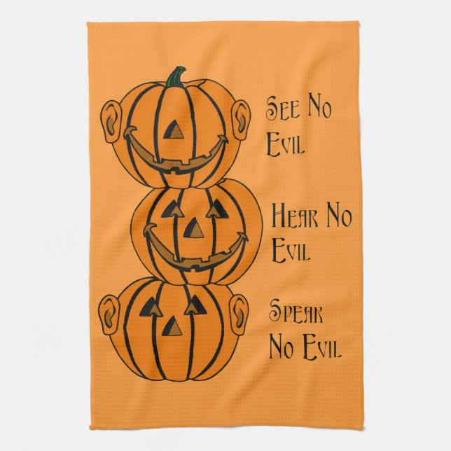 See No Hear No Speak No Evil Pumpkin Kitchen Towel (Vertical)