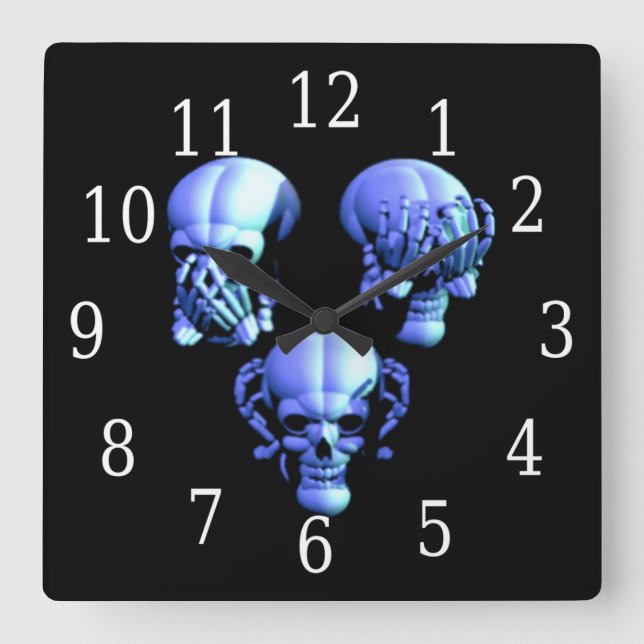 See No, Hear No, Speak No Evil Skulls Square Clock (Front)