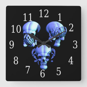 See No, Hear No, Speak No Evil Skulls Square Clock