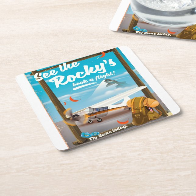 See The Rocky's "Book a flight!" Square Paper Coaster (Angled)