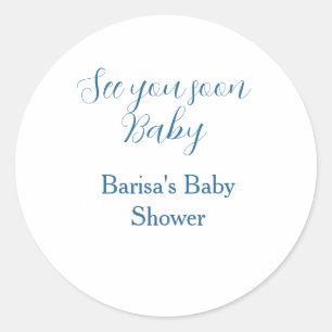 see you soon baby shower blue name date simple classic round sticker