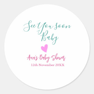 see you soon baby shower green pink heart trendy m classic round sticker