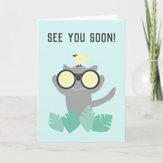 See You Soon Cute Birdwatching Cat Card (Front)