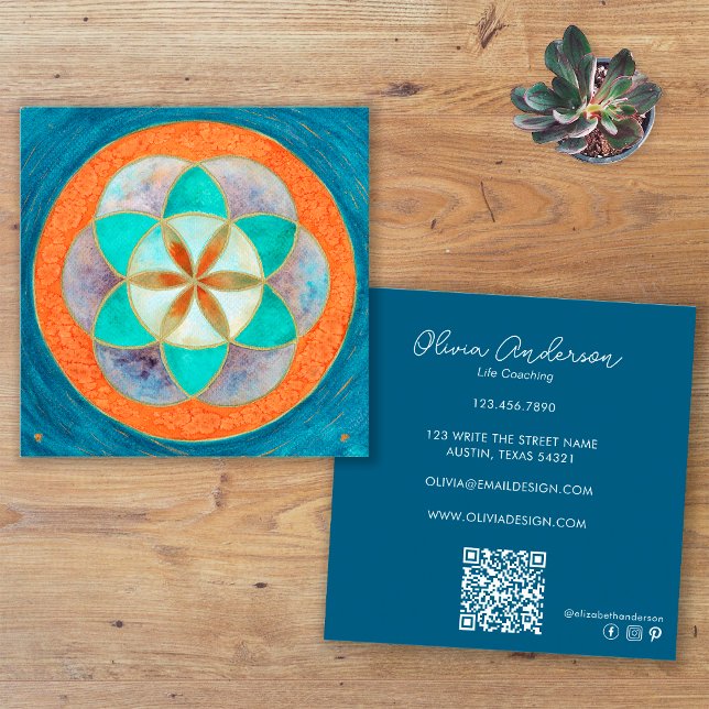 Seed Of Life Connect With Us Social Media QR Code Square Business Card (Front and Back)
