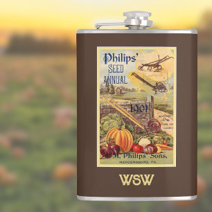 Seed Packet Catalog Brown Vintage Farming Monogram Hip Flask