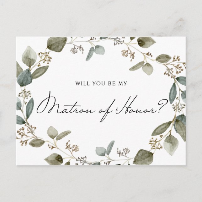 Seeded Eucalyptus Wreath Be My Matron of Honour Invitation Postcard (Front)