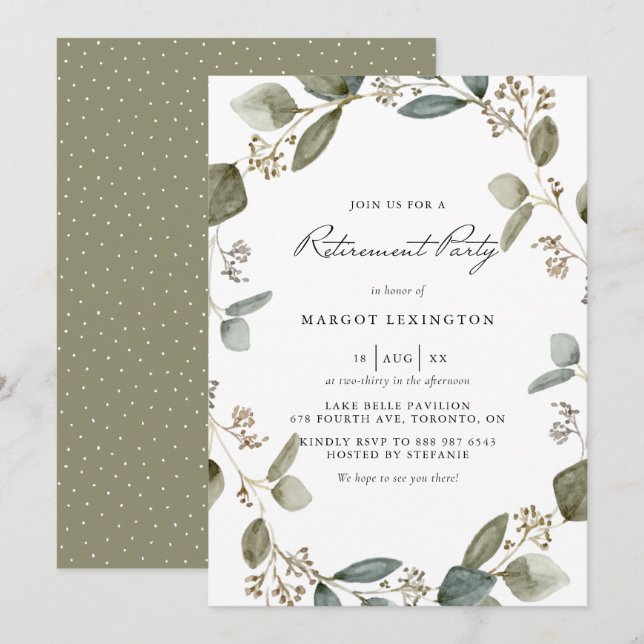 Seeded Eucalyptus Wreath Retirement Party Invitation (Front/Back)