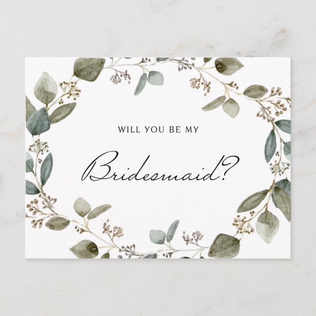 Seeded Eucalyptus Wreath Will You Be My Bridesmaid Invitation Postcard (Front)