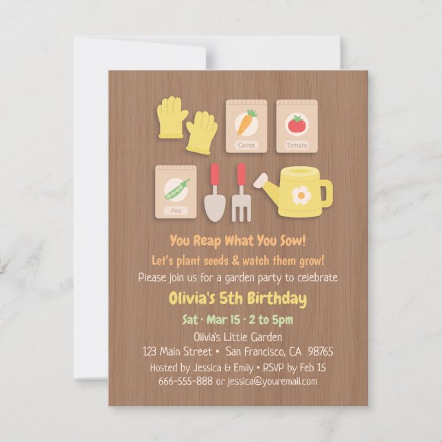 Seeds and Garden Tools Kids Birthday Party Invitation (Front)