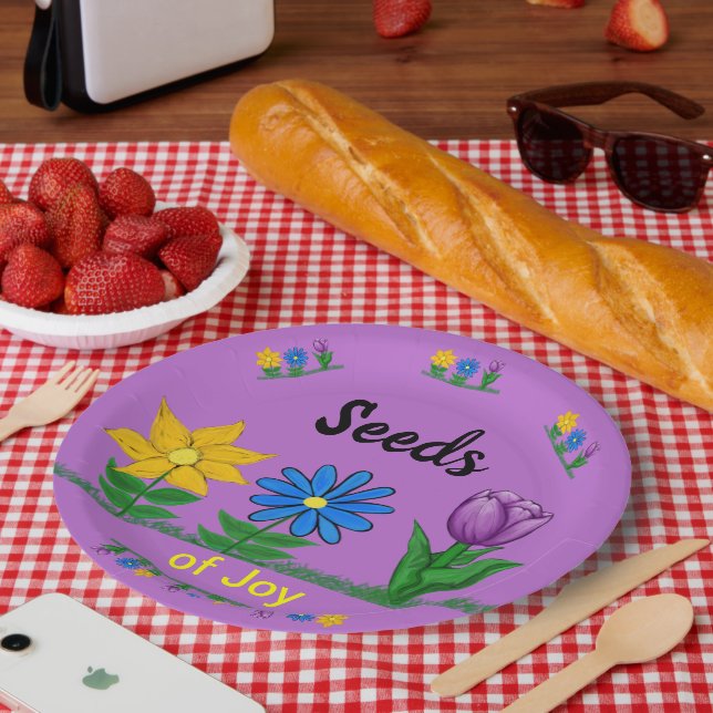 Seeds of Joy Garden Flowers Yellow Blue Purple Paper Plate (Picnic)