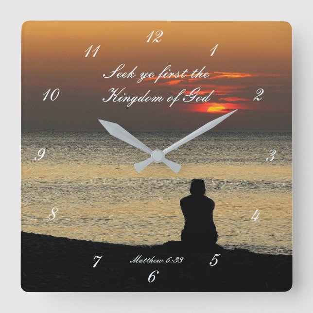 Seek First Kingdom of God, Matthew 6:33 Sunrise Square Wall Clock (Front)