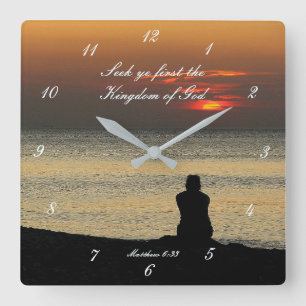Seek First Kingdom of God, Matthew 6 Ocean Sunrise Square Wall Clock